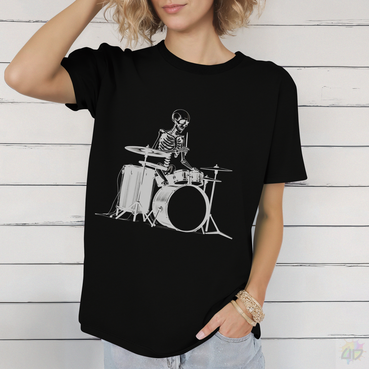Skeleton Silhouette Playing Drums Graphic Tee.