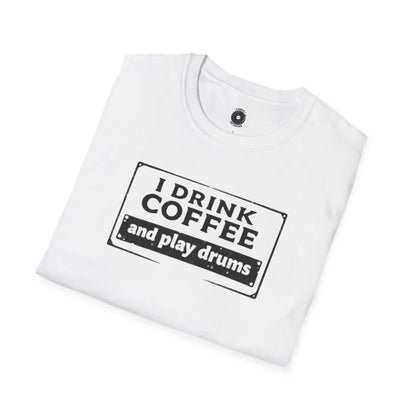 "I drink coffee and play drums" in a stamplike design