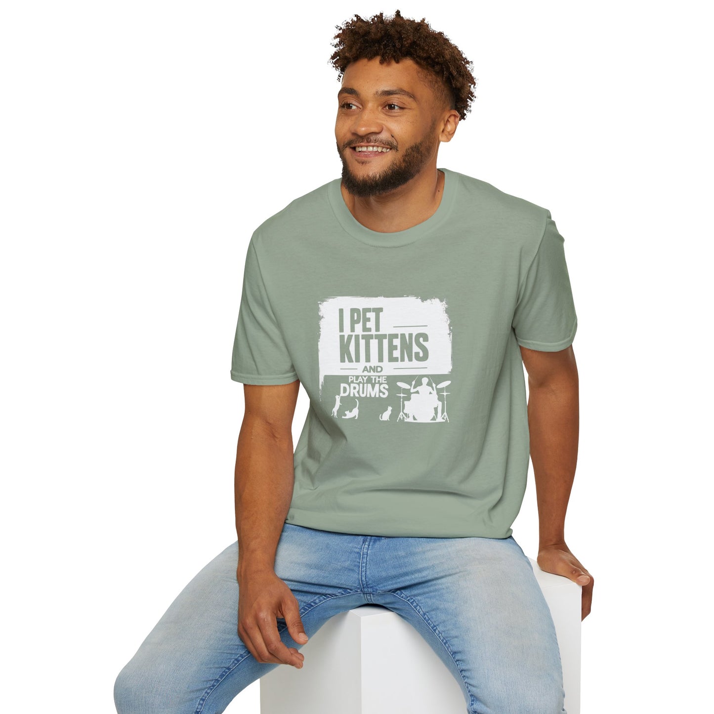 "I pet kittens and play the drums" in highlight graphic tee.