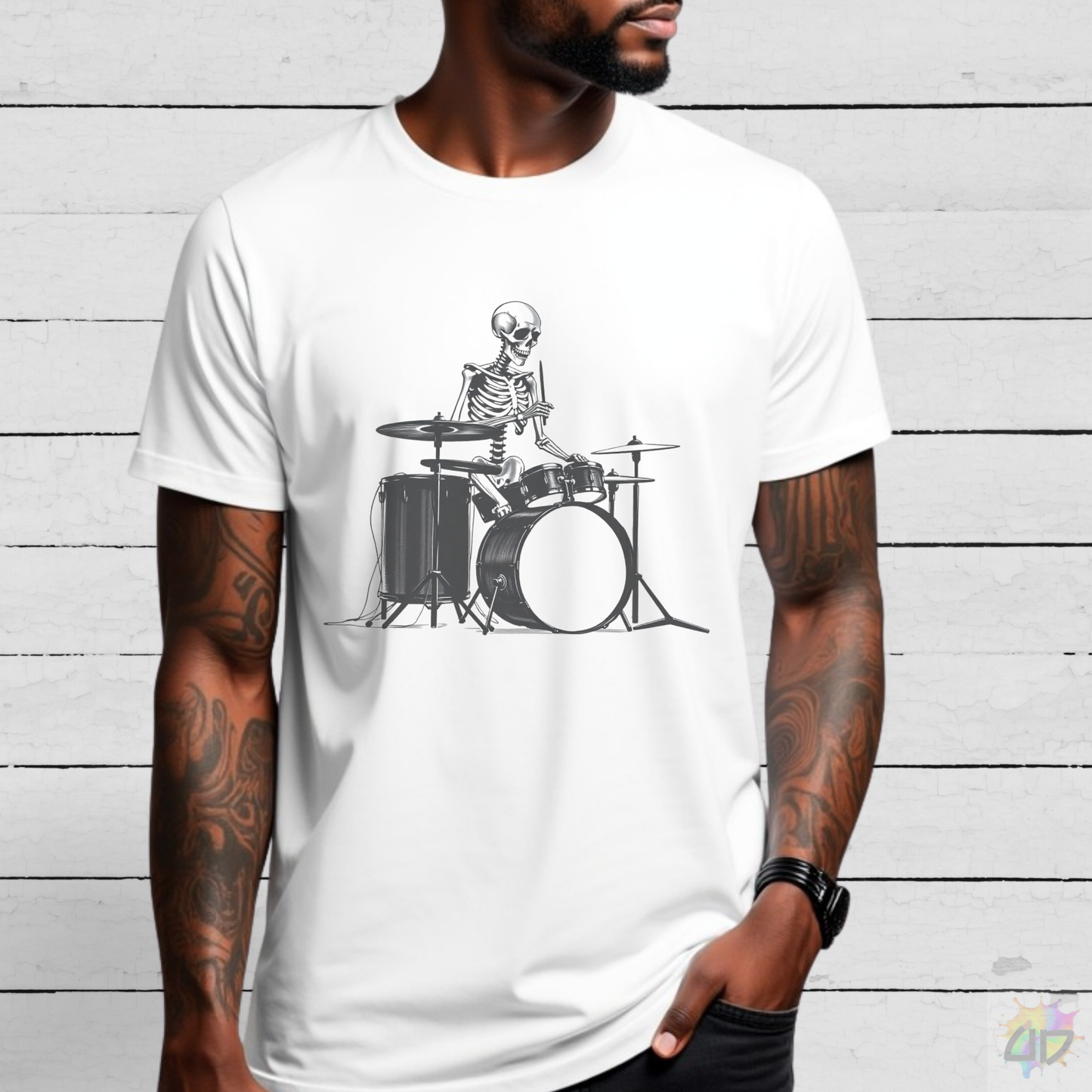 Skeleton Silhouette Playing Drums Graphic Tee.