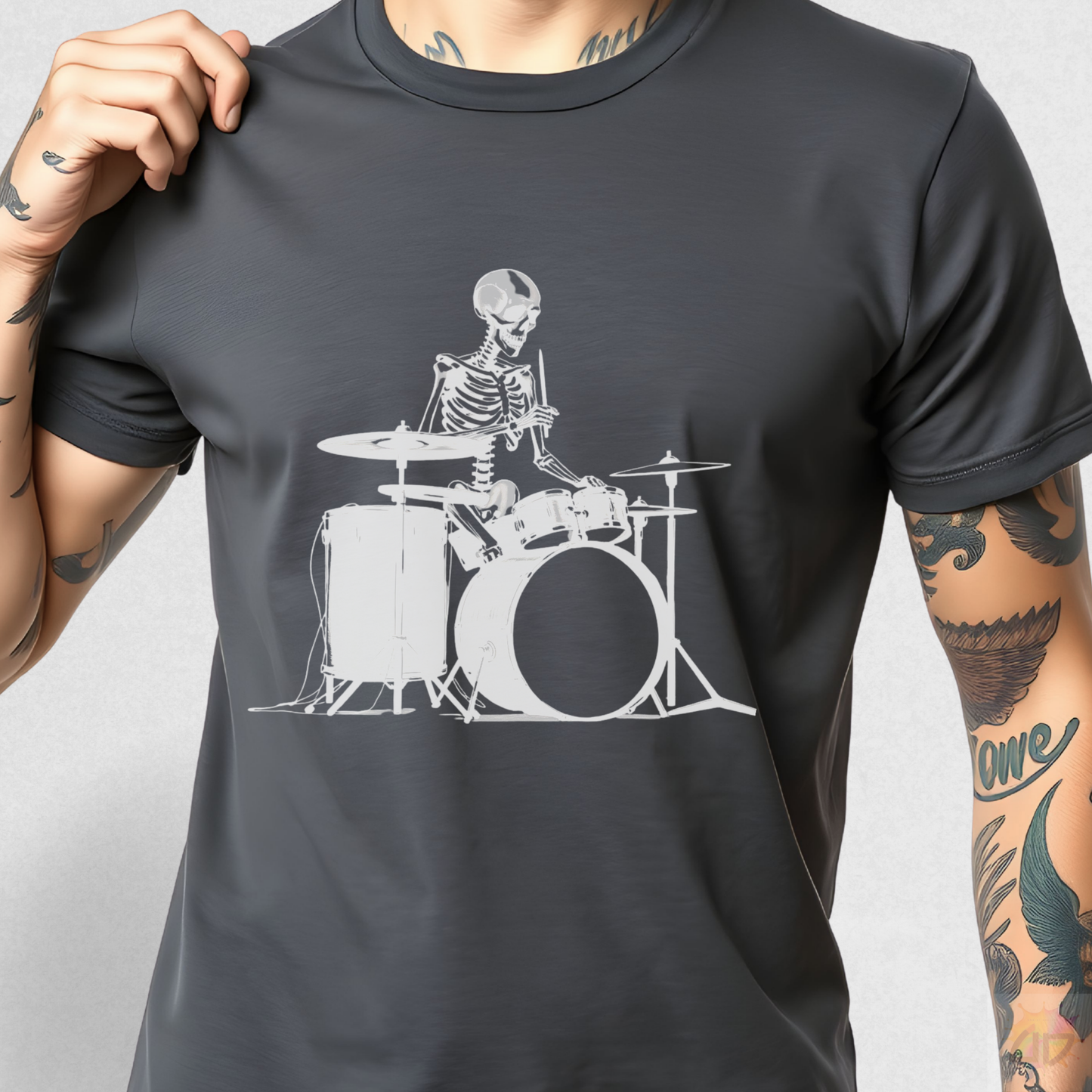 Skeleton Silhouette Playing Drums Graphic Tee.