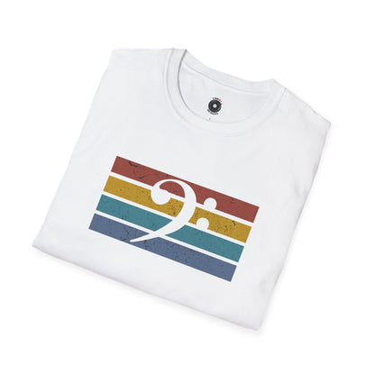 Bass clef on retro sunset graphic tee.