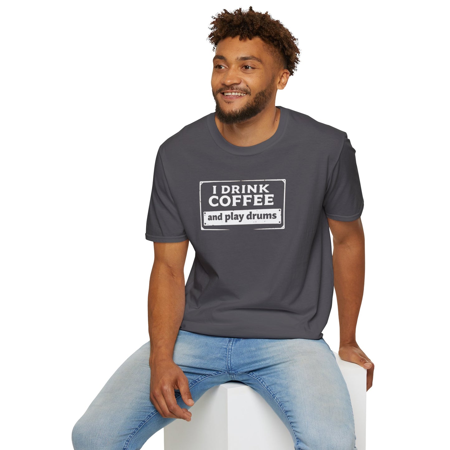 "I drink coffee and play drums" in a stamplike design