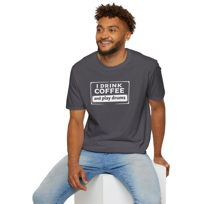 "I drink coffee and play drums" in a stamplike design