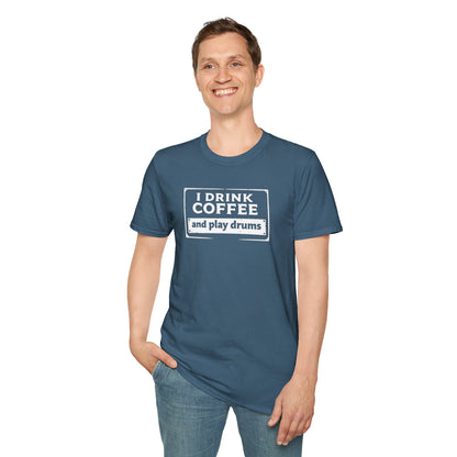 "I drink coffee and play drums" in a stamplike design