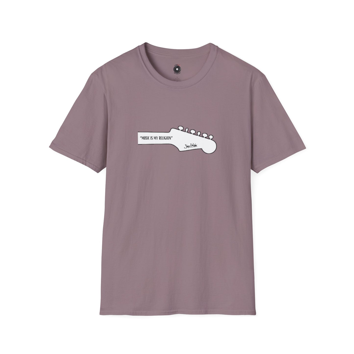 "Music Is My Religion" JH Quote on Guitar Headstock Graphic Tee.