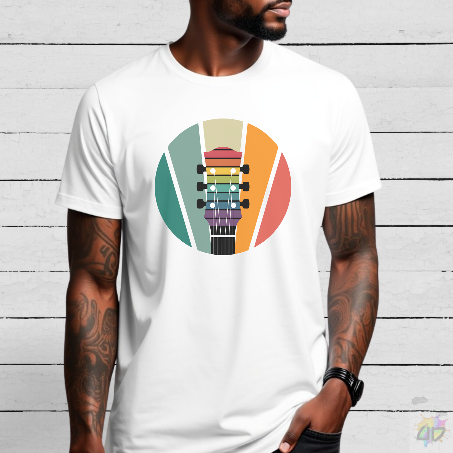 LP Style Headstock on a Retro Sunset Graphic Tee.