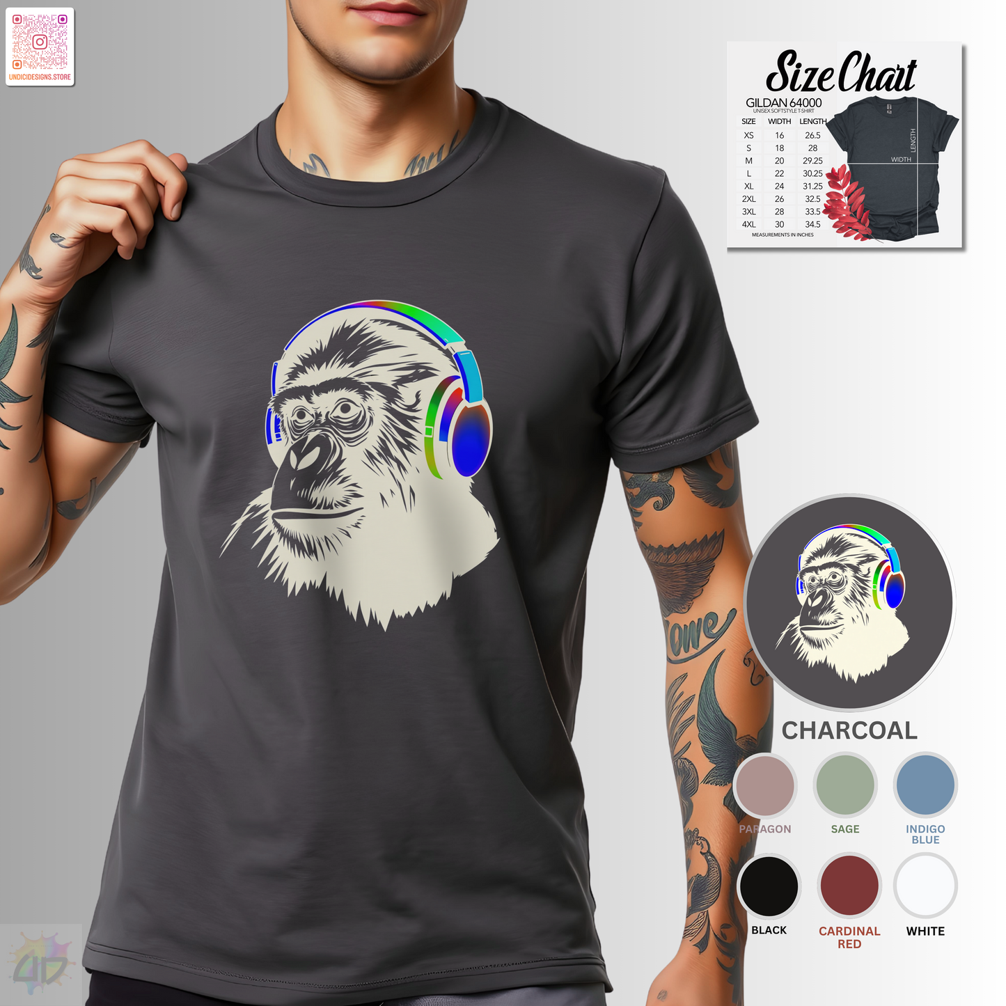 Gary the gorilla wearing colorful headphones graphic tee.