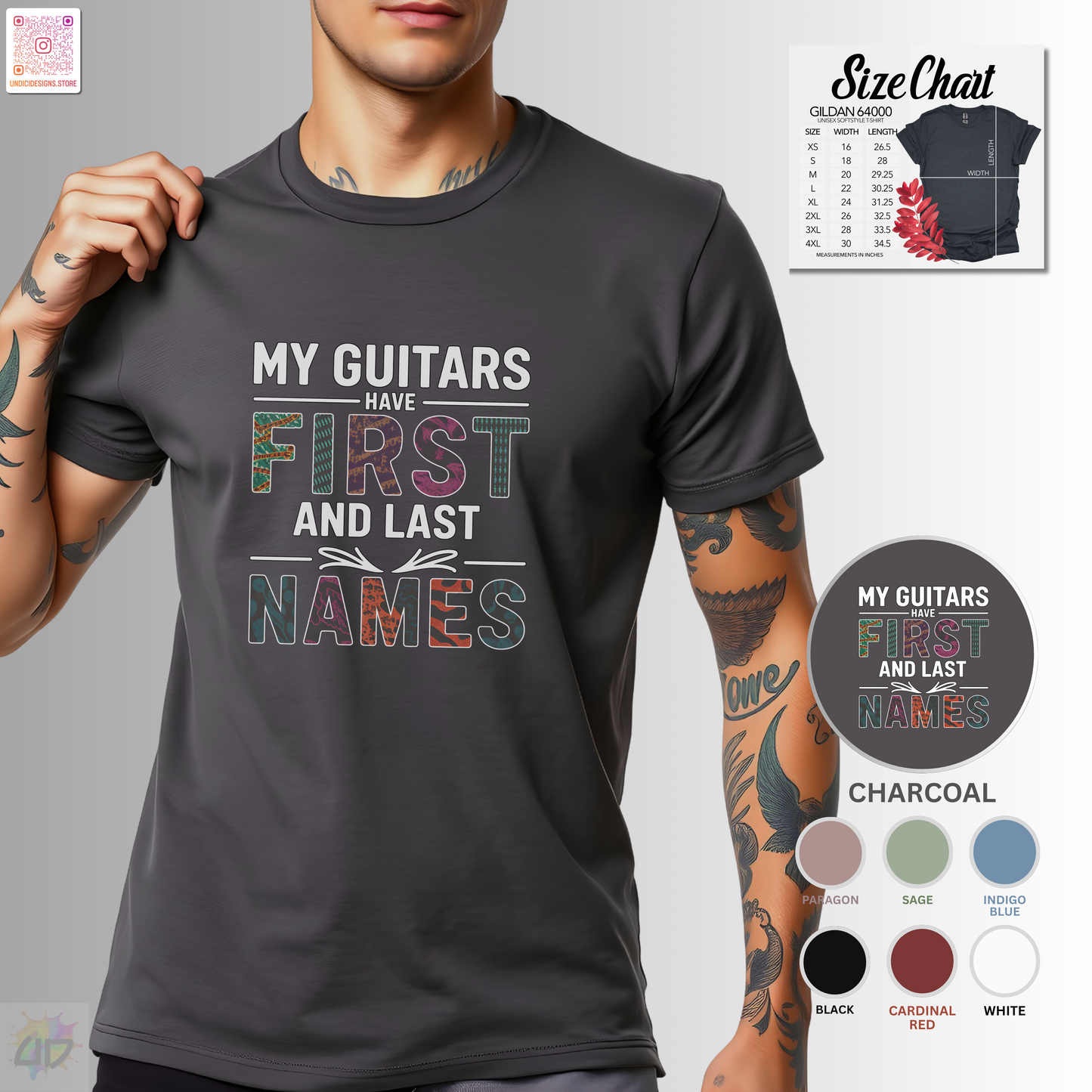 "My guitars have first and last names" colorful text graphic tee.