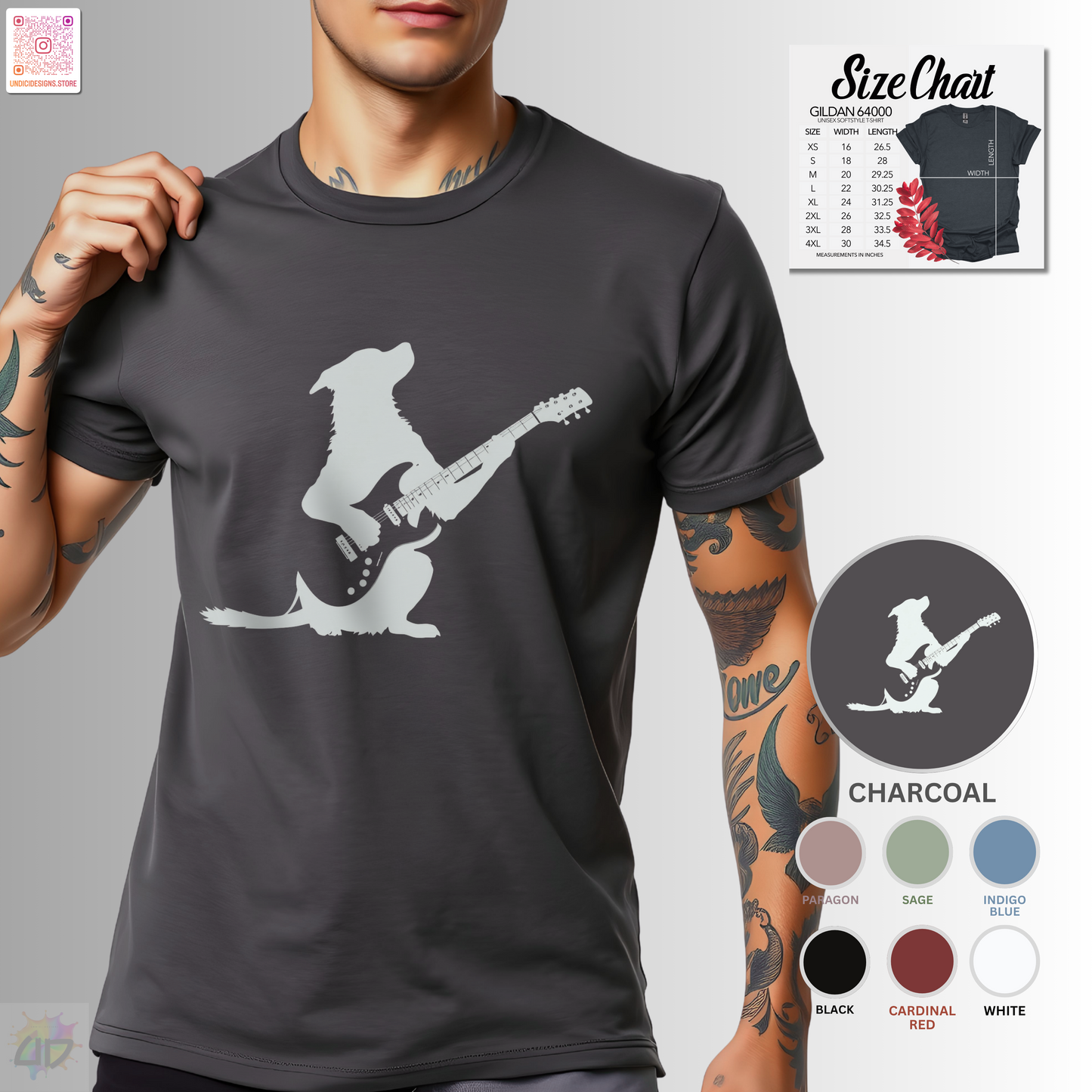 silhouette of a puppy playing a solo on a guitar graphic tee.