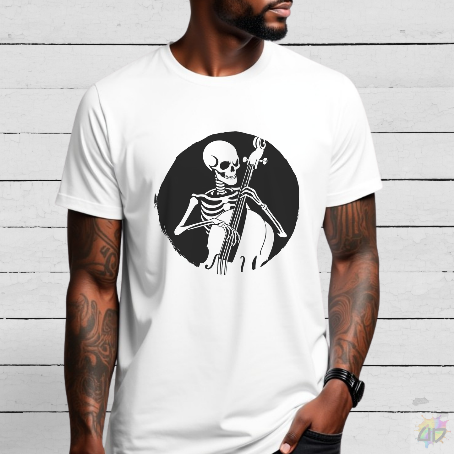 Skeleton Playing Upright Bass in a Circular Graphic Tee.