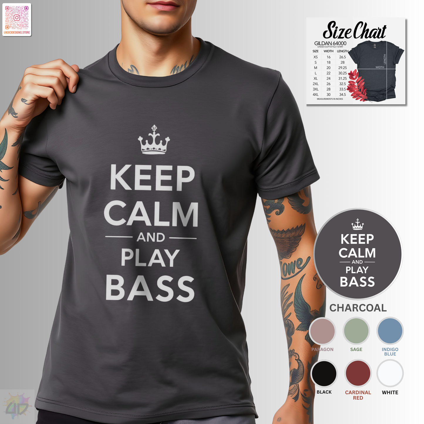 "Keep calm and play bass" text graphic tee.