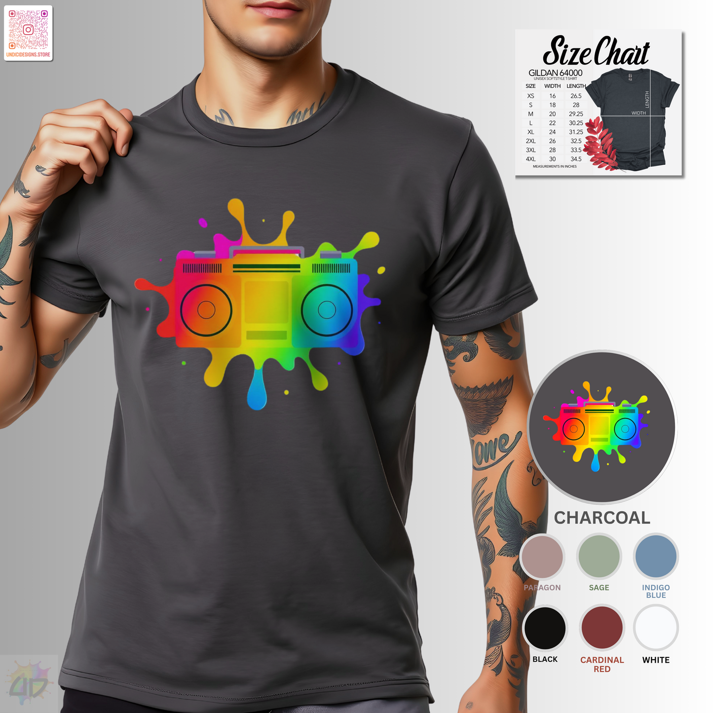 Colorful boombox in an artistic splash of vibrant paint graphic tee.