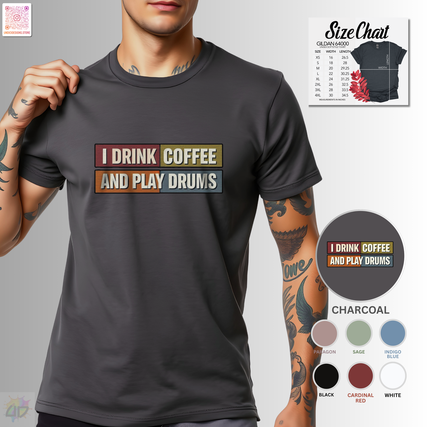 "I drink coffee and play drums" in colorful highlighted text tee.