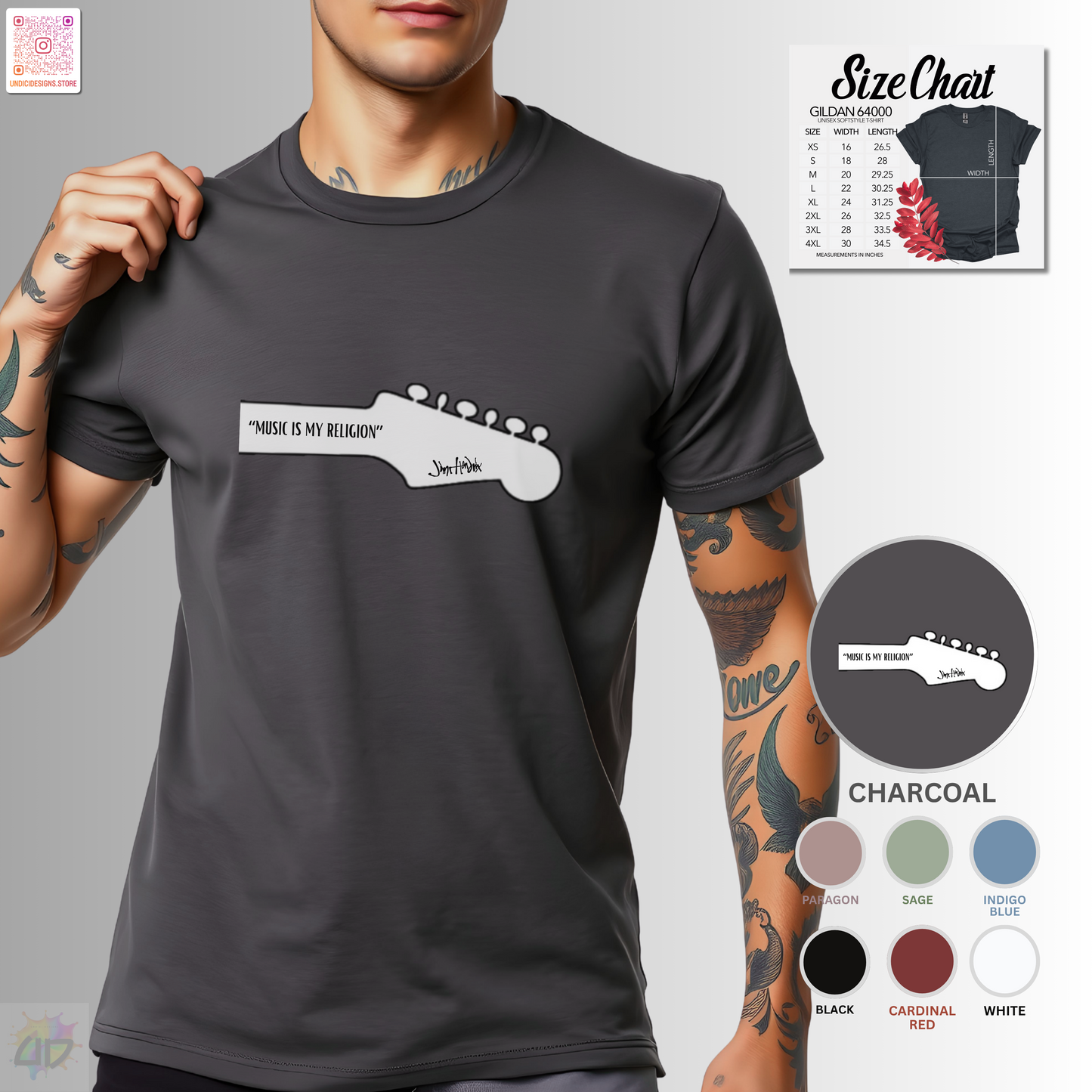 "Music is my religion" quote on guitar headstock graphic tee.