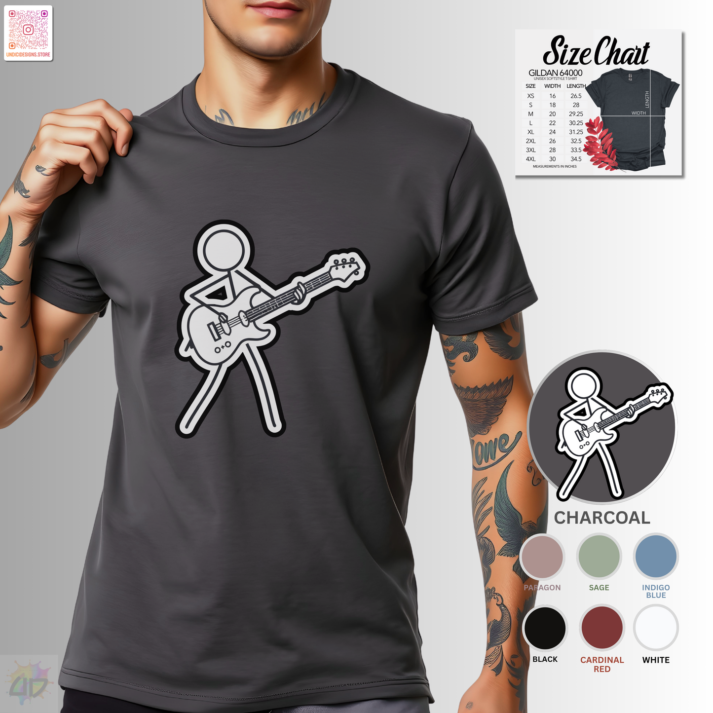 Joe Stick keeping rhythm on guitar graphic tee.