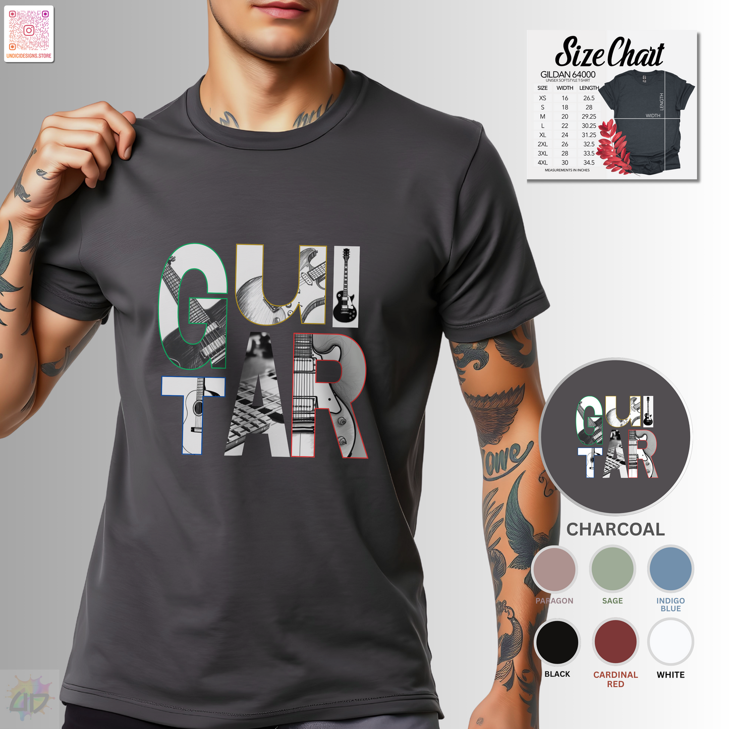 "Guitar" with guitars in letter backgrounds graphic tee.