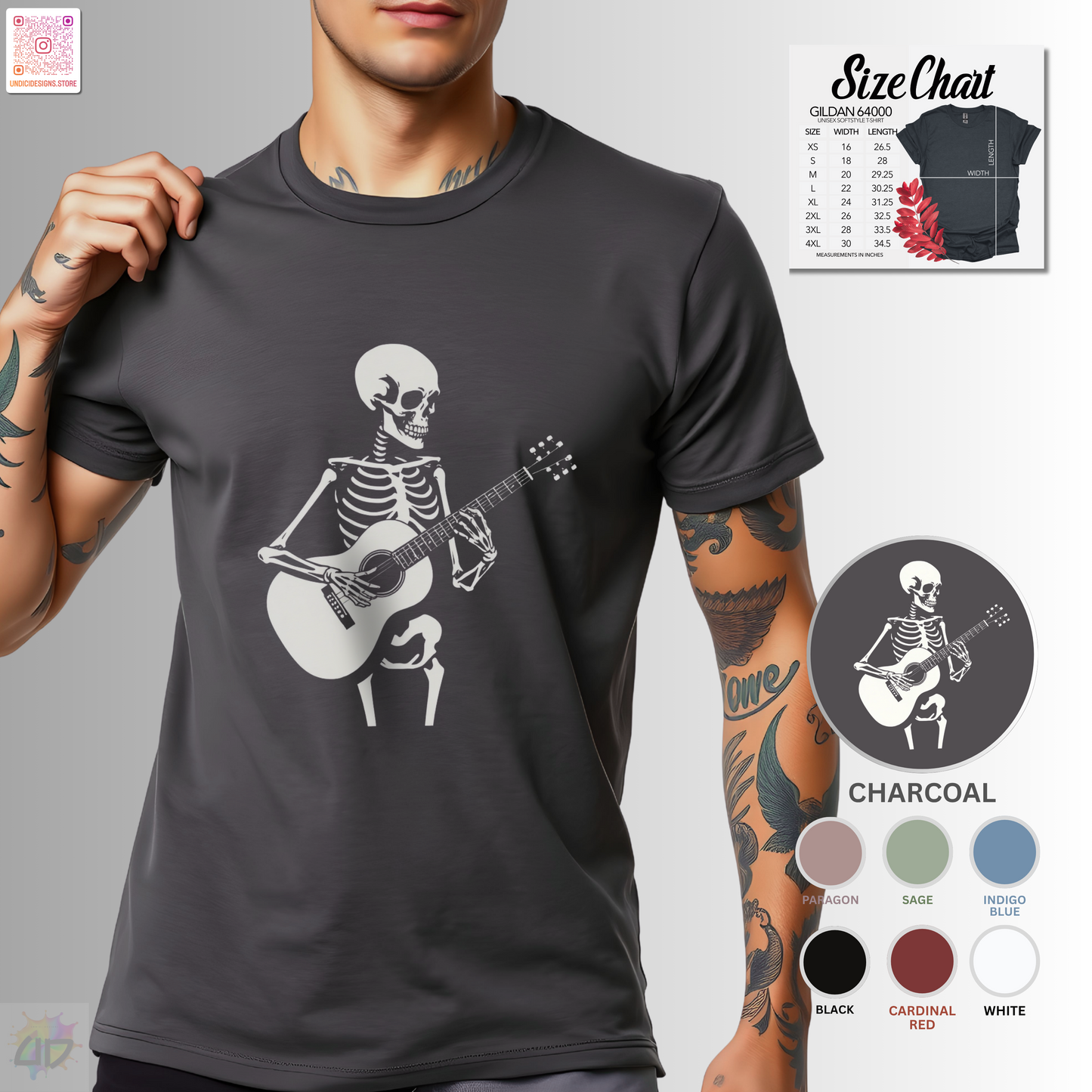 Skeleton playing an acoustic guitar graphic tee.