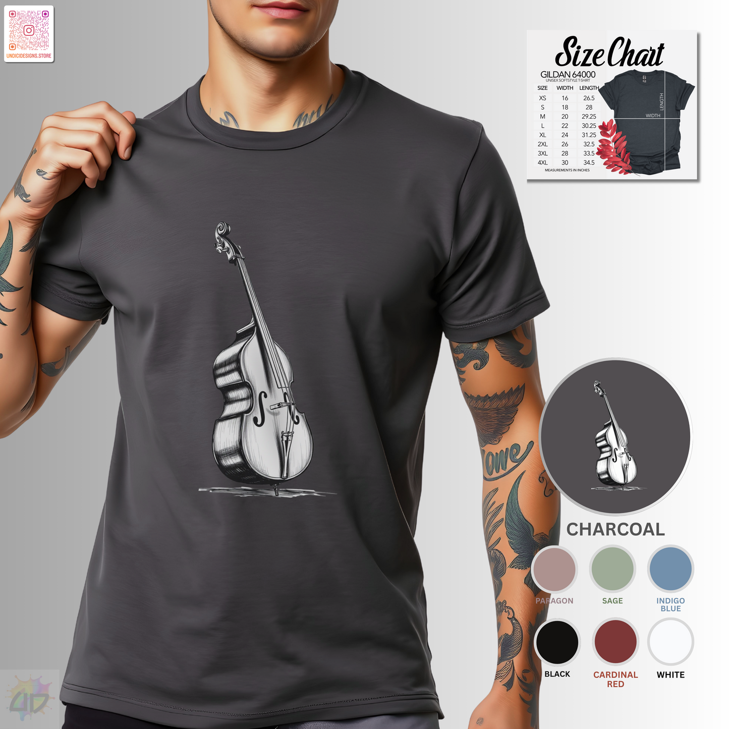 Hand drawn upright bass in white graphic tee.
