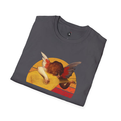 Cherub playing guitar in circular retro sunset.