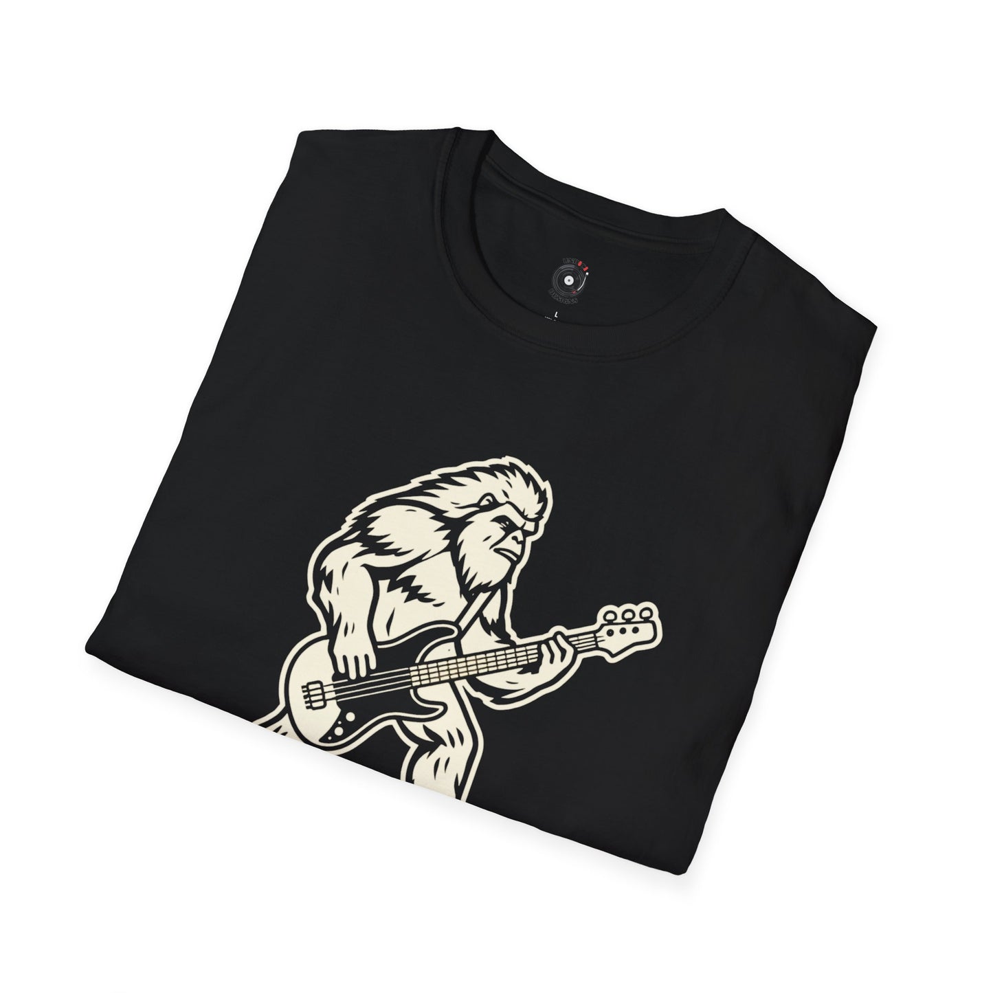 Yeti silhouette with Bass guitar in a cream-colored graphic.