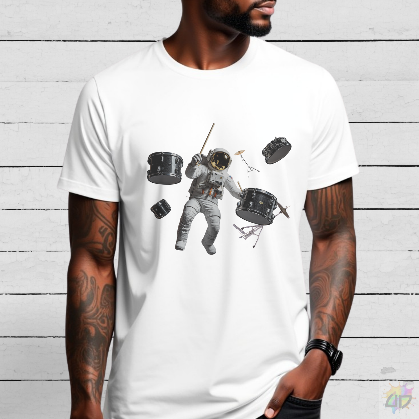 Astronaut Drummer Floating in Space Graphic Tee.