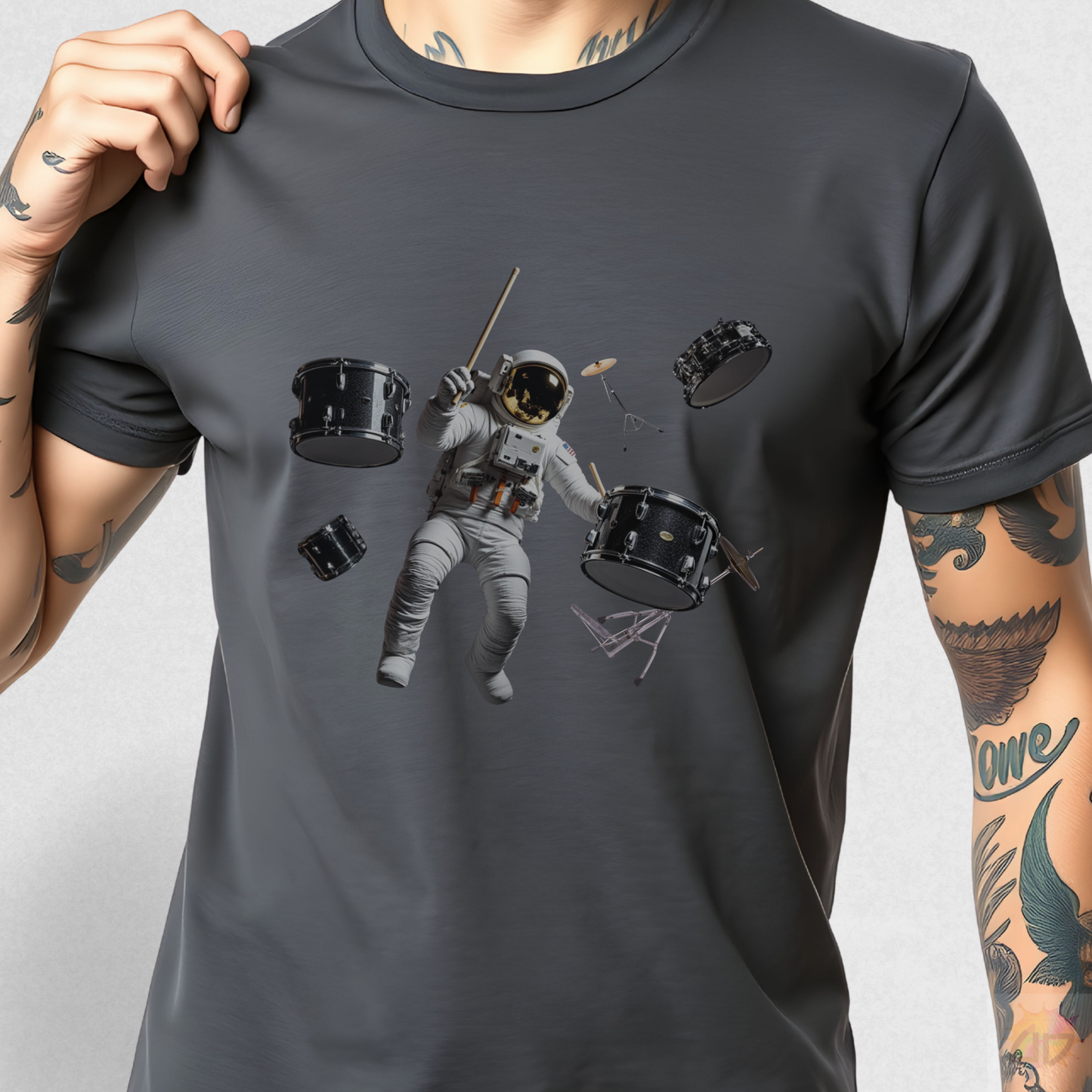 Astronaut Drummer Floating in Space Graphic Tee.