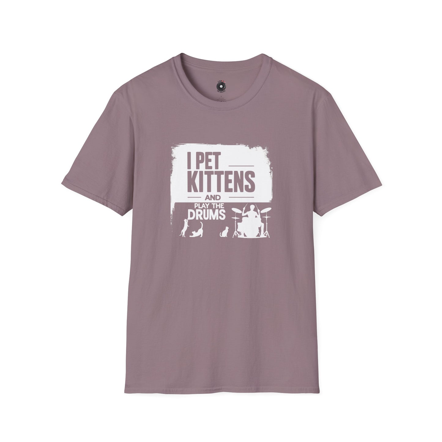 "I pet kittens and play the drums" in highlight graphic tee.