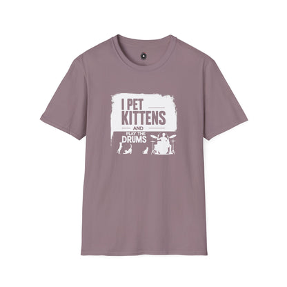 "I pet kittens and play the drums" in highlight graphic tee.
