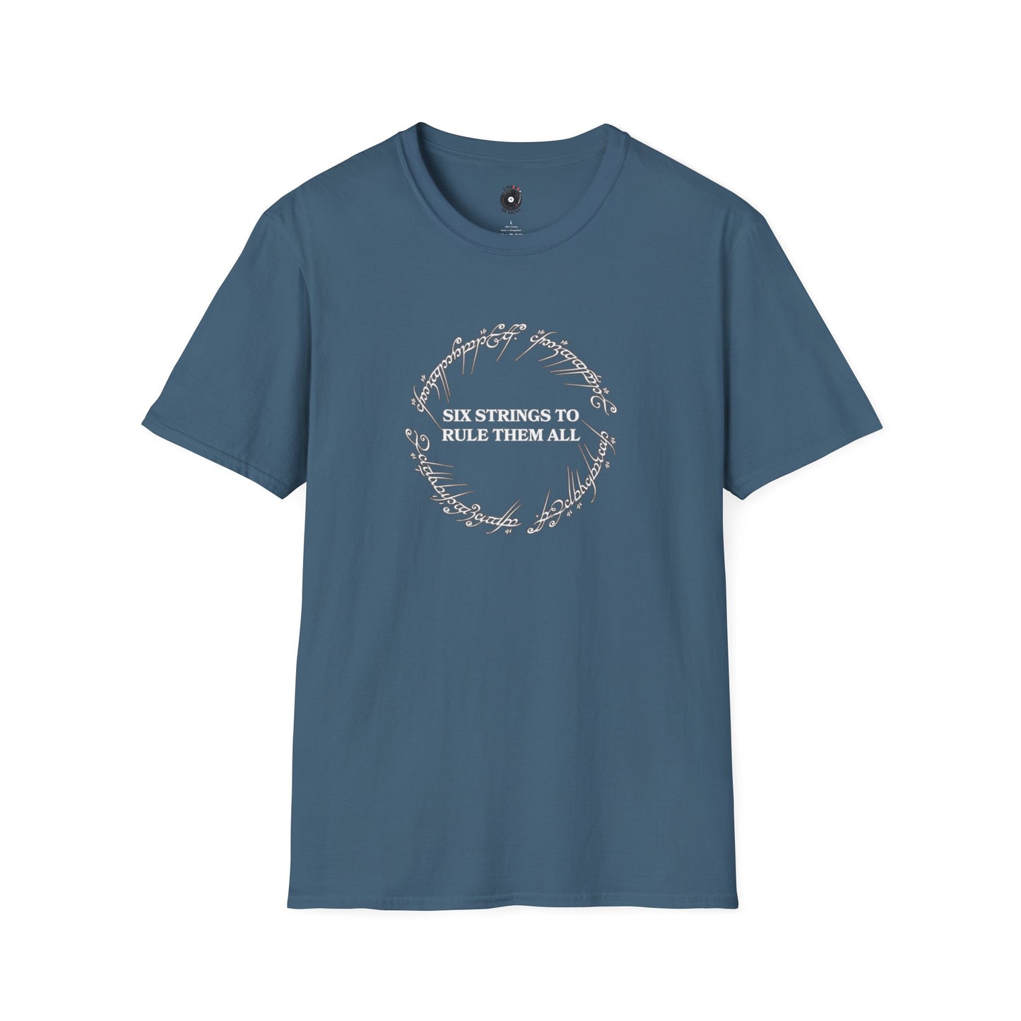 "Six Strings To Rule Them All" in Circular Graphic Tee.