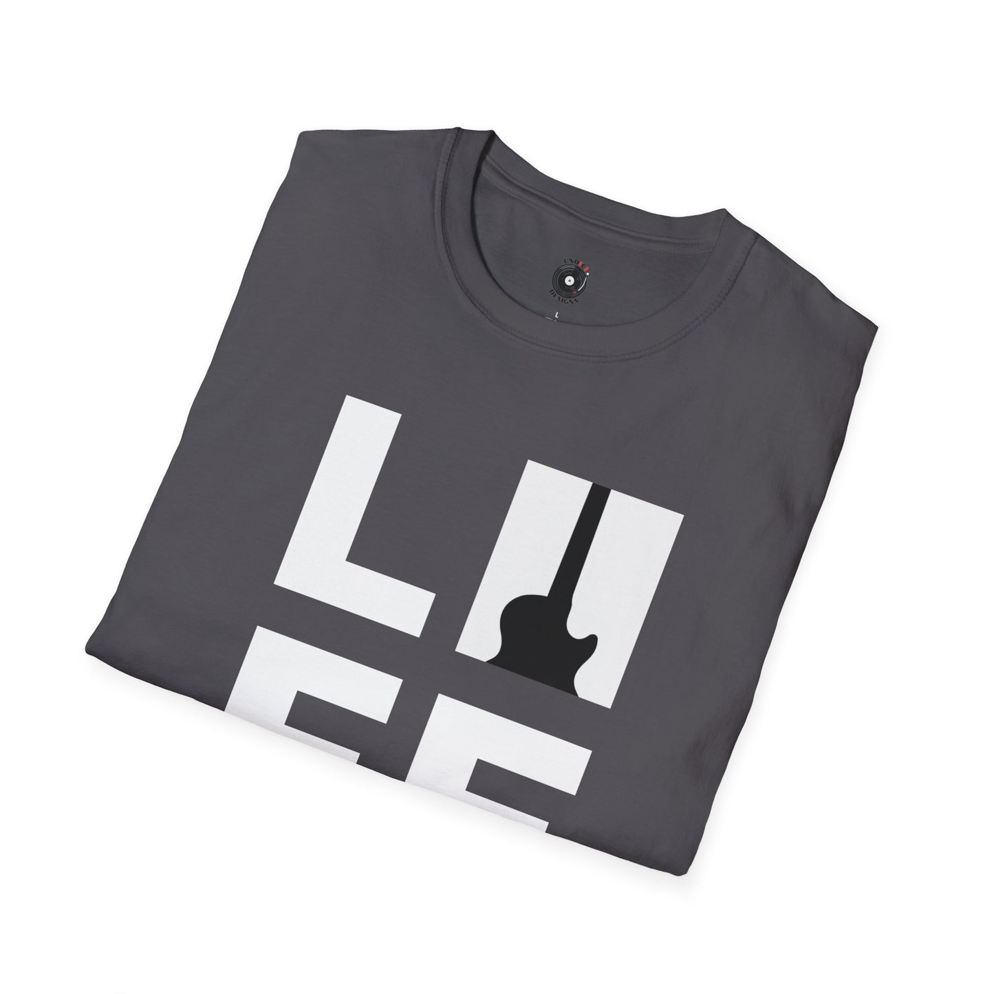 "LIFE" in a black and white box graphic with guitar.