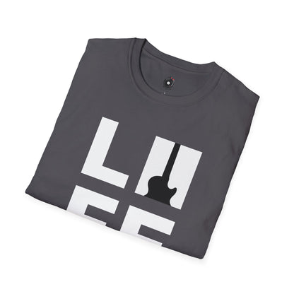 "LIFE" in a black and white box graphic with guitar.