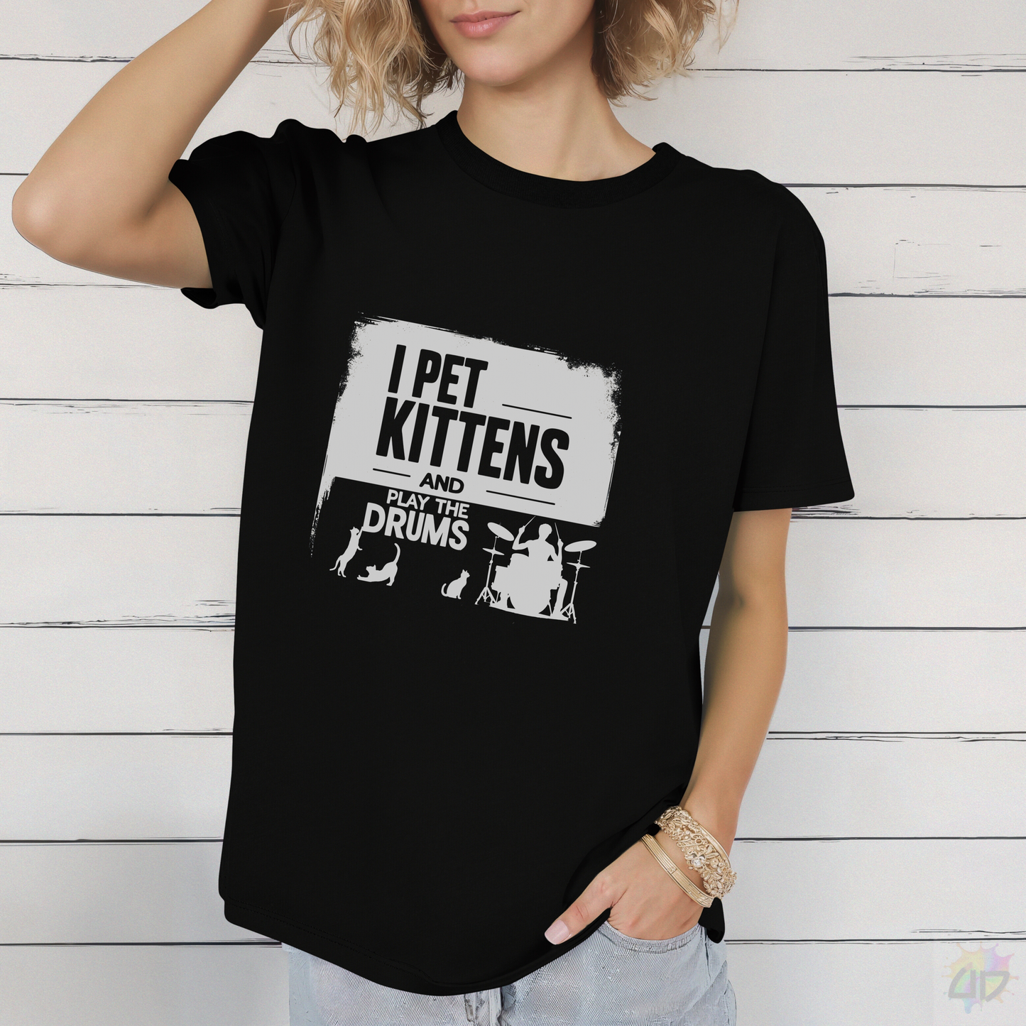 "I Pet Kittens and Play the Drums" in Highlight Text Graphic Tee.