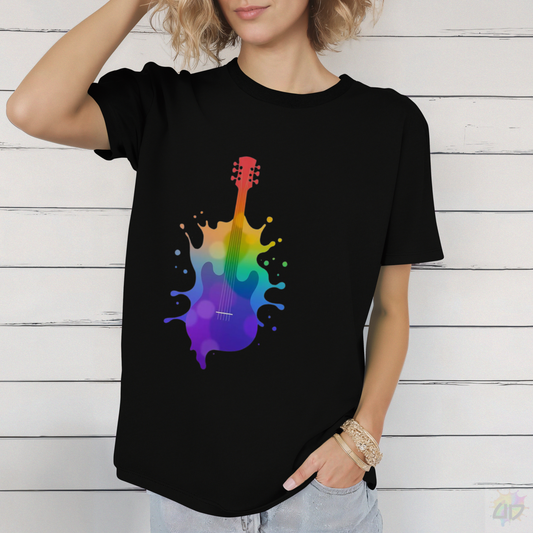 Colorful Hollow Body Guitar in a Splash Graphic Tee.