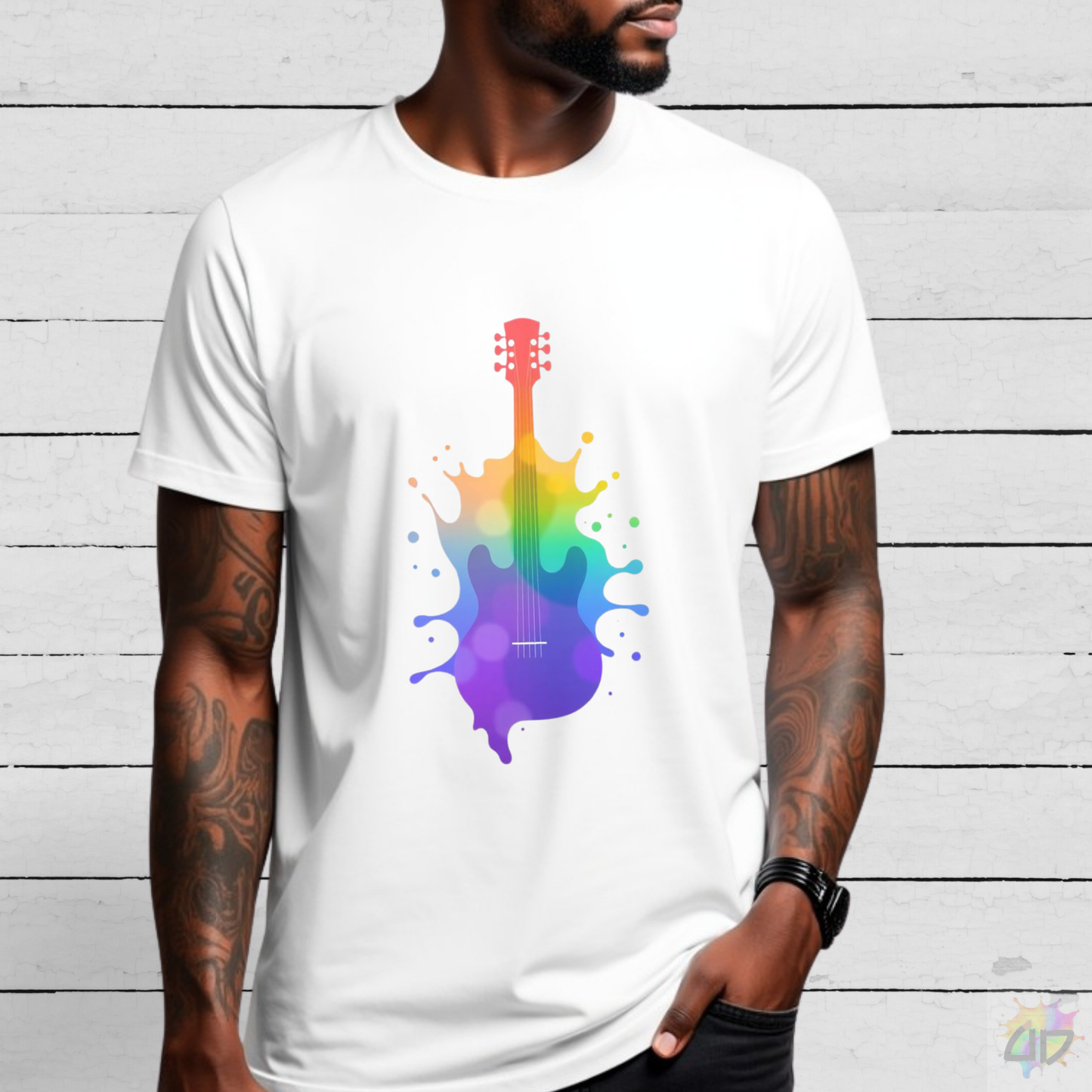 Colorful Hollow Body Guitar in a Splash Graphic Tee.