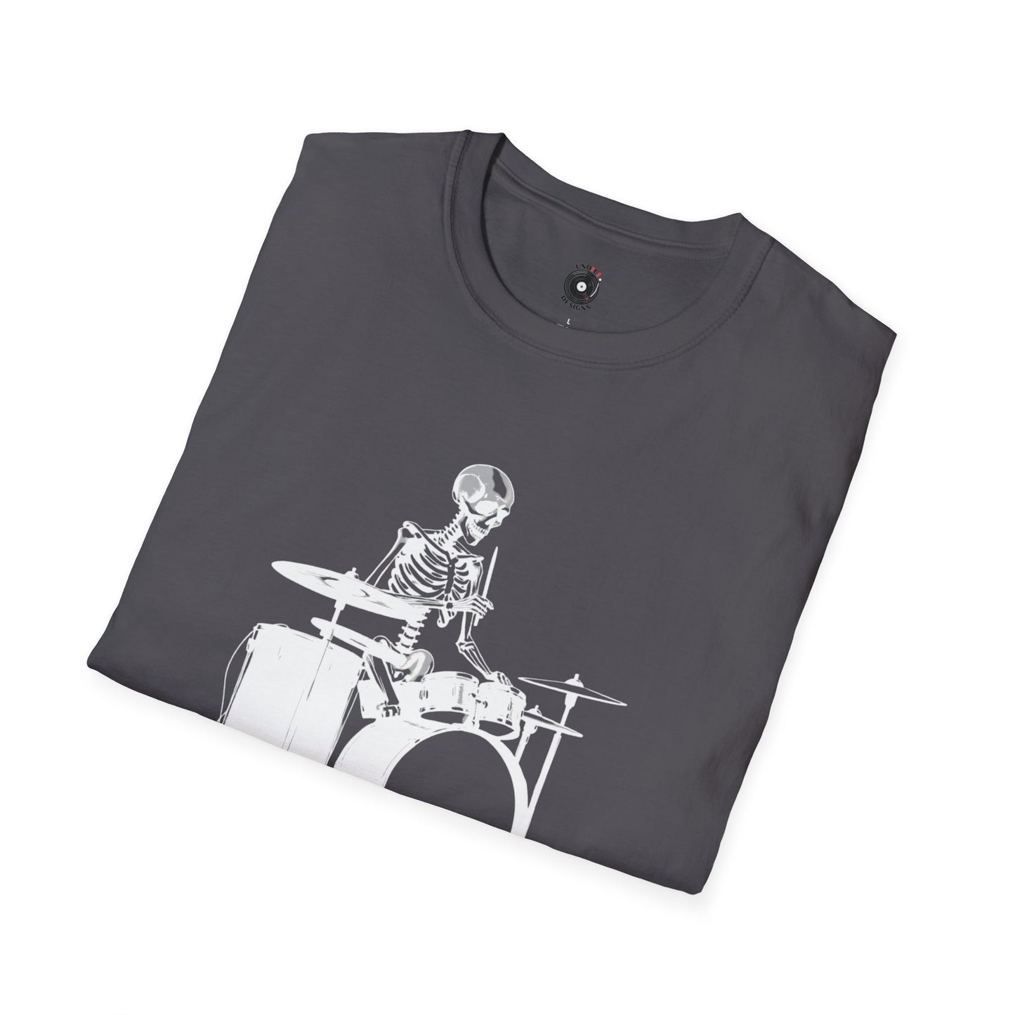 Skeleton silhouette playing drums in a circular background graphic.