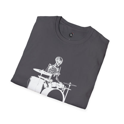 Skeleton silhouette playing drums in a circular background graphic.