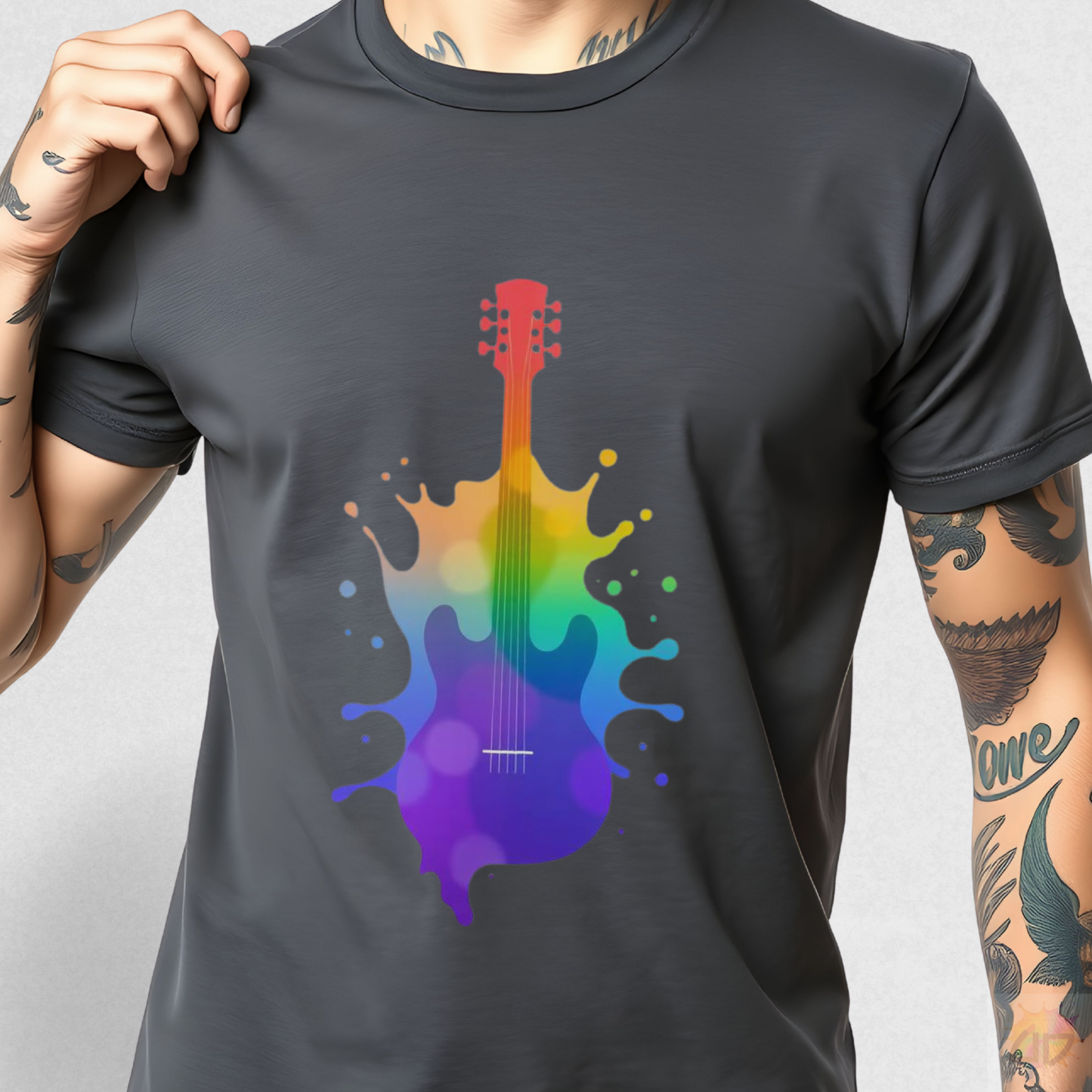 Colorful Hollow Body Guitar in a Splash Graphic Tee.