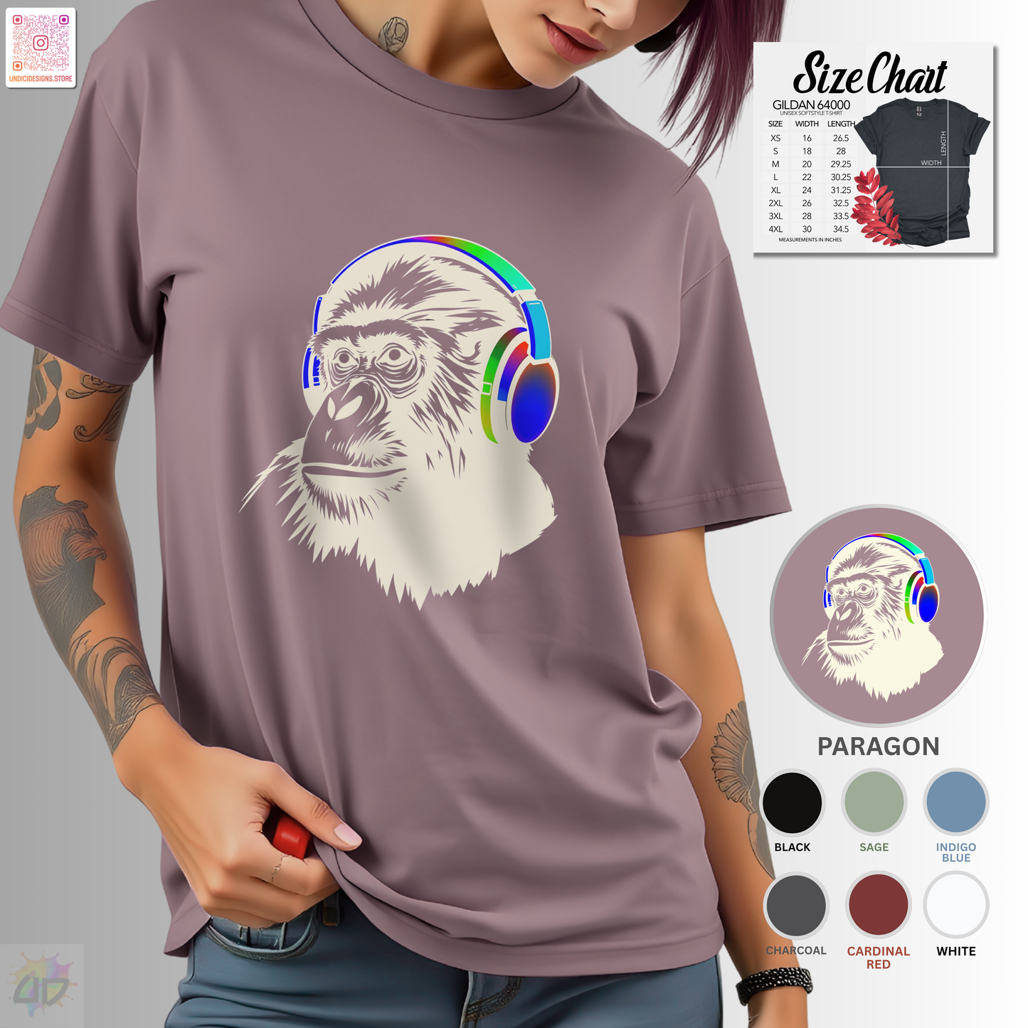 Gary the gorilla wearing colorful headphones graphic tee.