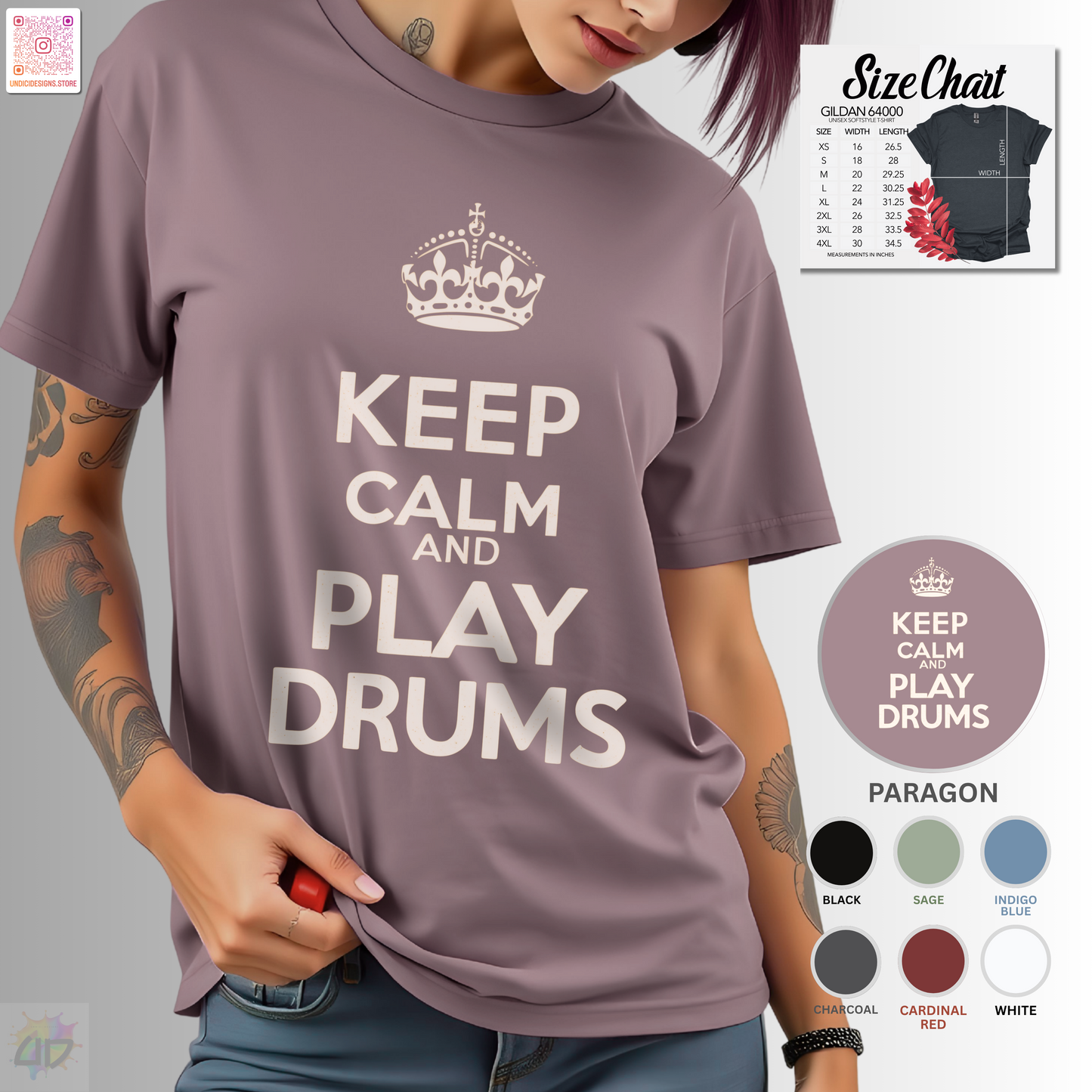 "Keep calm and play drums" graphic text tee.