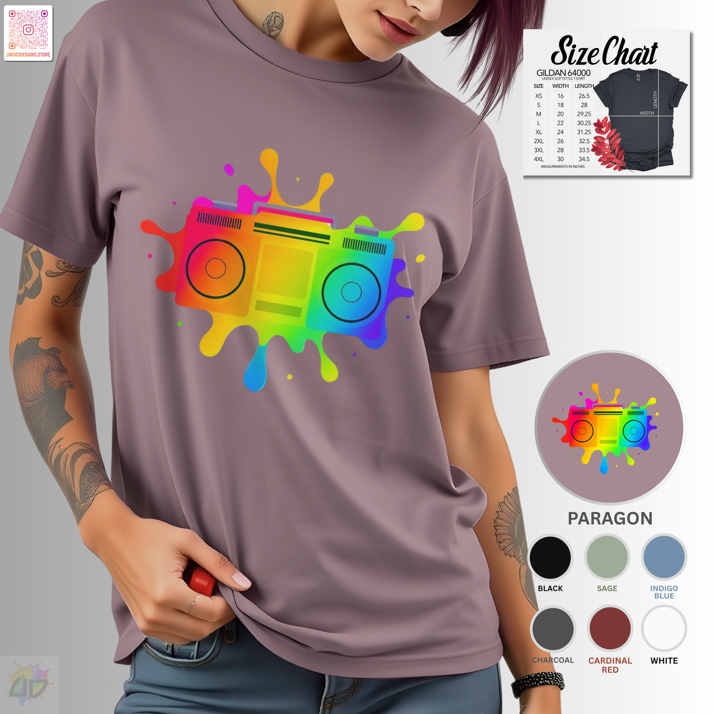 Colorful boombox in an artistic splash of vibrant paint graphic tee.