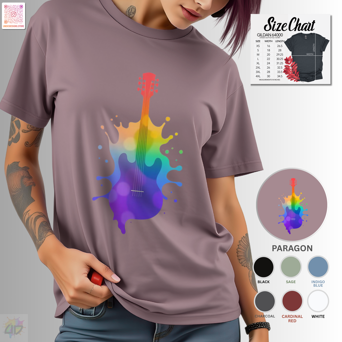 Colorful hollow body guitar in a vibrant splash graphic tee.