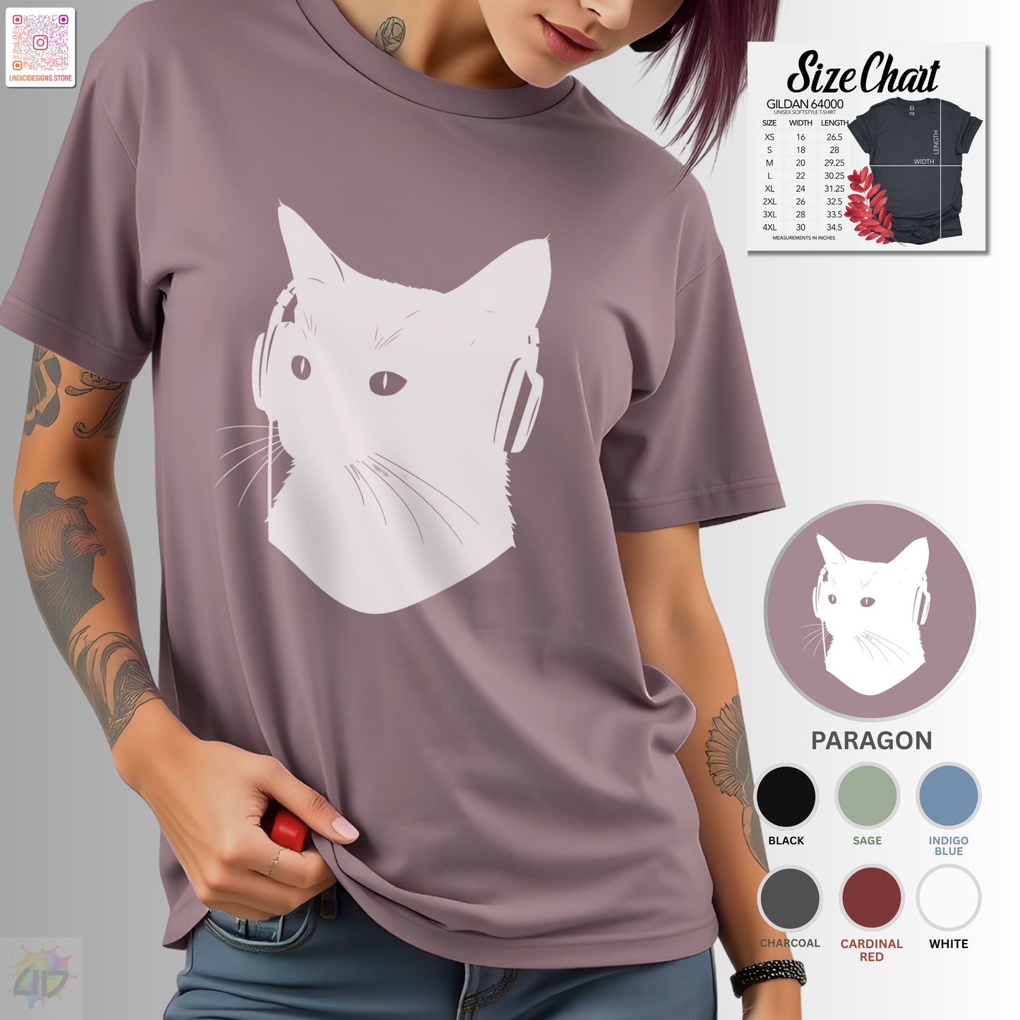 silhouette of kitten wearing headphones graphic tee.