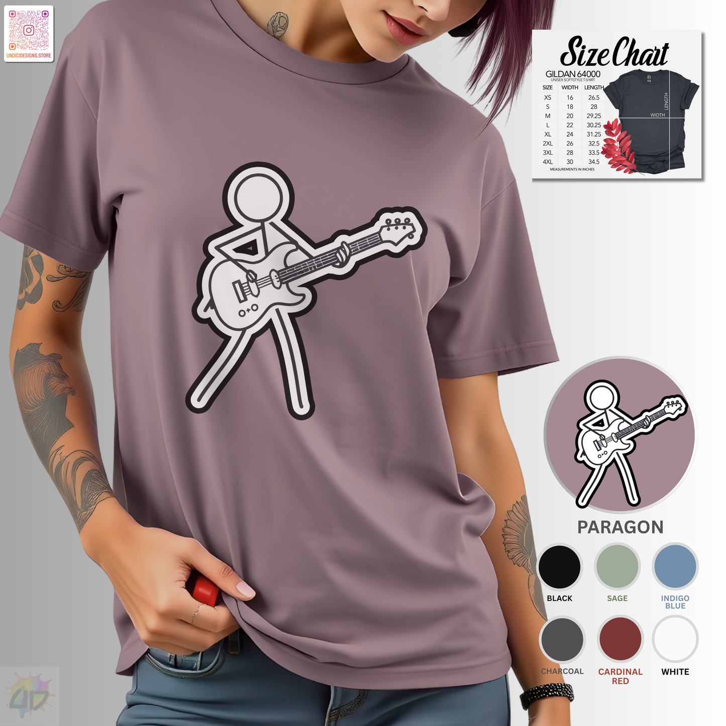 Joe Stick keeping rhythm on guitar graphic tee.