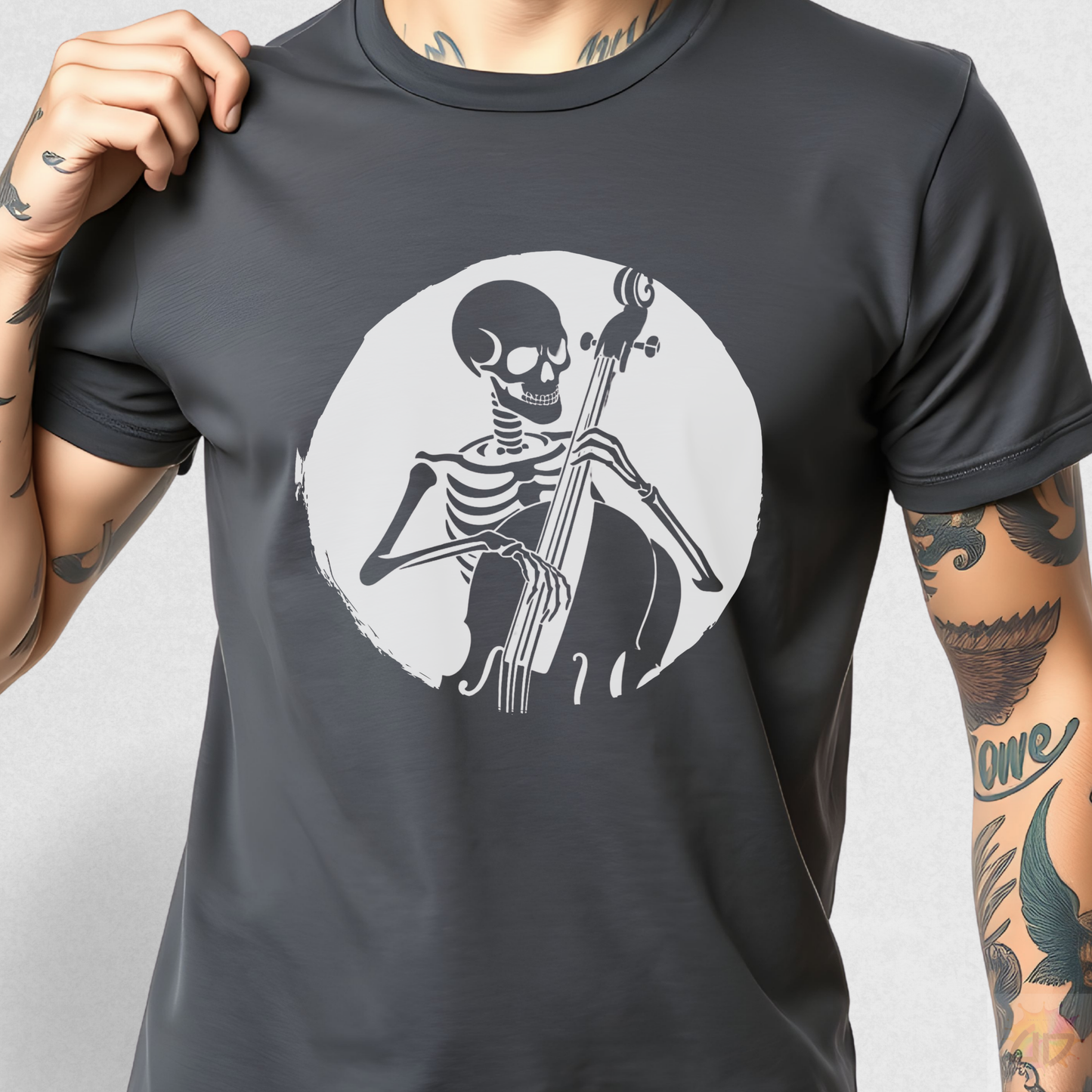 Skeleton Playing Upright Bass in a Circular Graphic Tee.