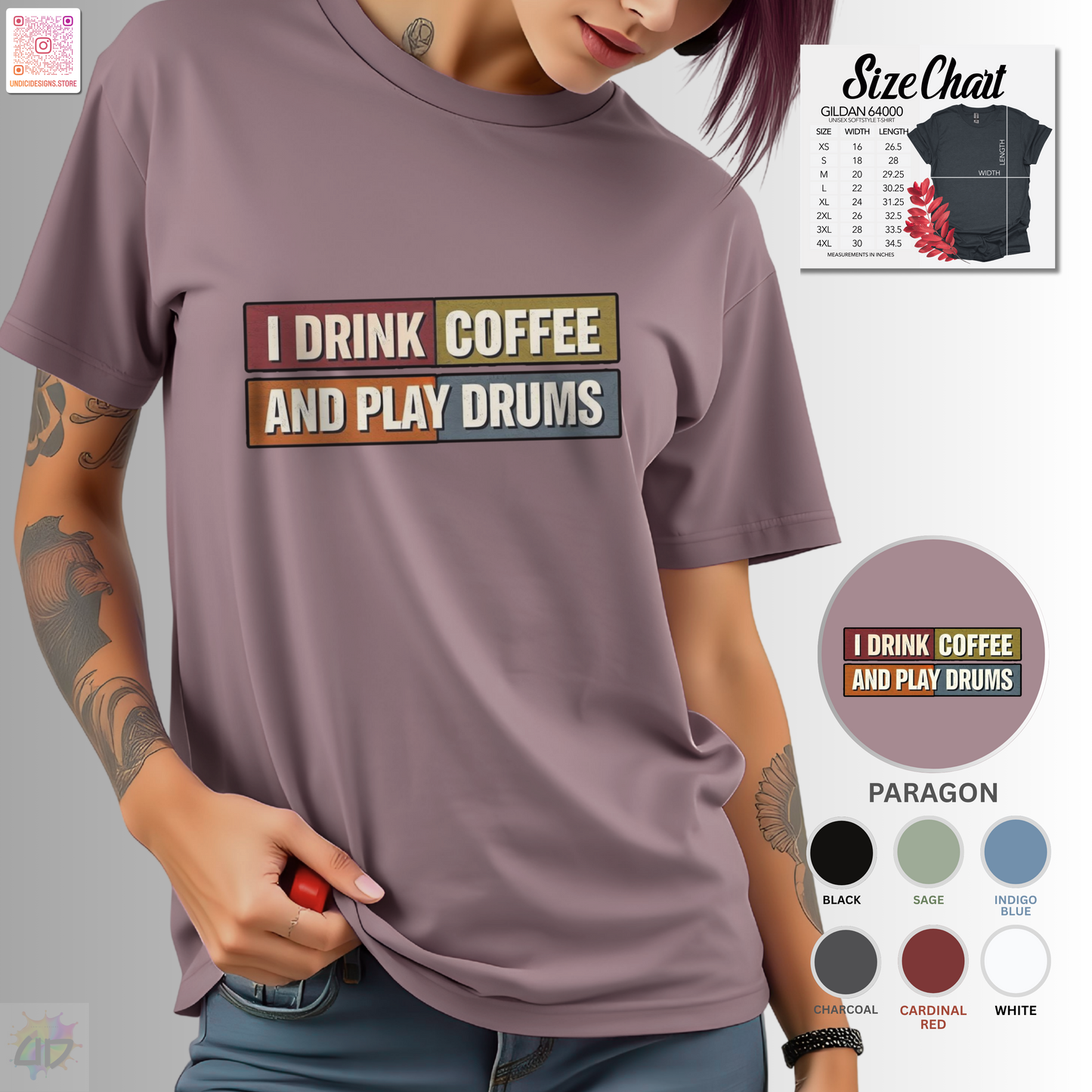 "I drink coffee and play drums" in colorful highlighted text tee.