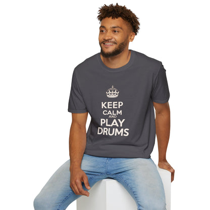 "Keep calm and play drums" text graphic tee.