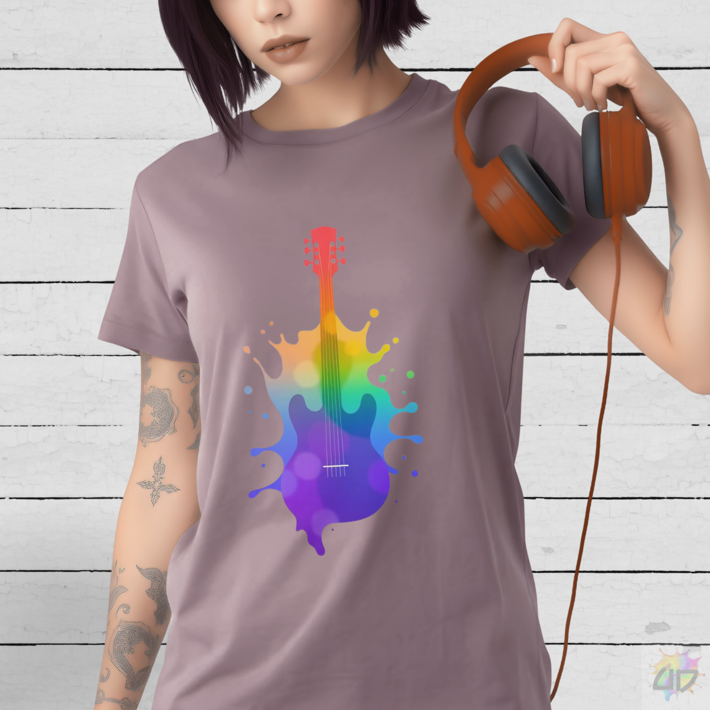 Colorful Hollow Body Guitar in a Splash Graphic Tee.