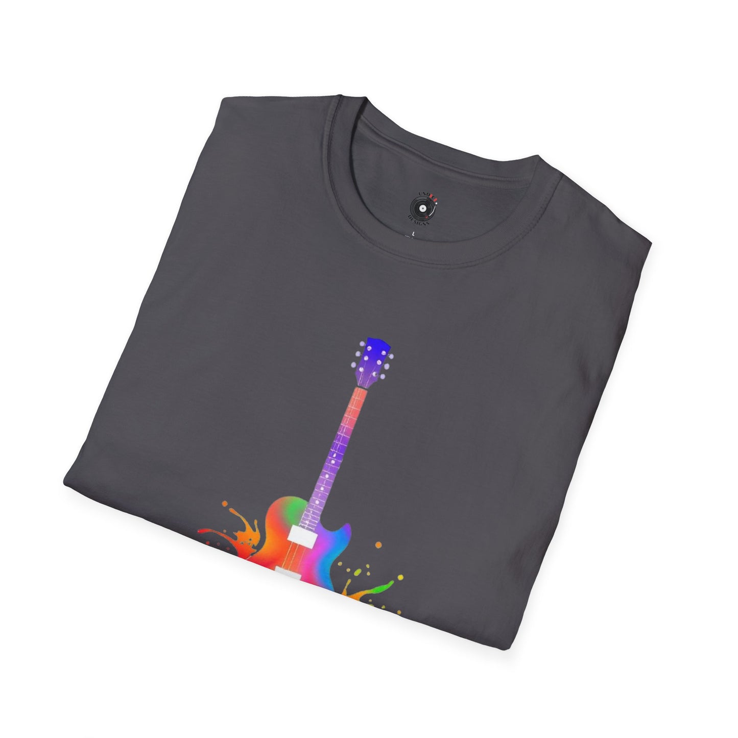 Colorful LP style electric guitar in a vibrant splash graphic.