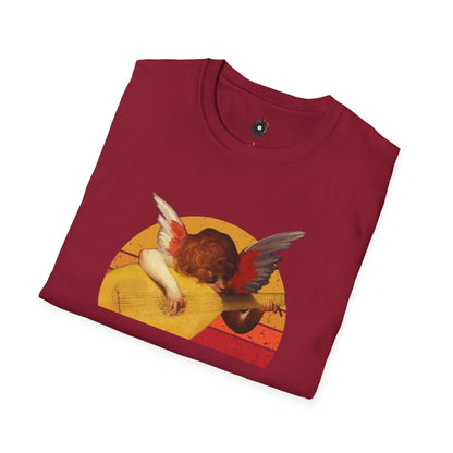 Cherub playing guitar in circular retro sunset.